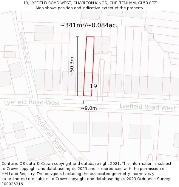 19, LYEFIELD ROAD WEST, CHARLTON KINGS, CHELTENHAM, GL53 8EZ: Plot and title map