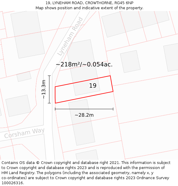 19, LYNEHAM ROAD, CROWTHORNE, RG45 6NP: Plot and title map