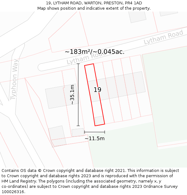 19, LYTHAM ROAD, WARTON, PRESTON, PR4 1AD: Plot and title map