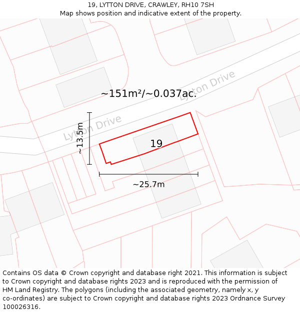 19, LYTTON DRIVE, CRAWLEY, RH10 7SH: Plot and title map