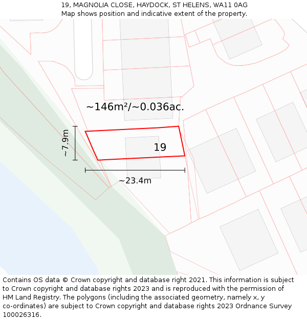 19, MAGNOLIA CLOSE, HAYDOCK, ST HELENS, WA11 0AG: Plot and title map