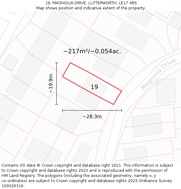 19, MAGNOLIA DRIVE, LUTTERWORTH, LE17 4RS: Plot and title map