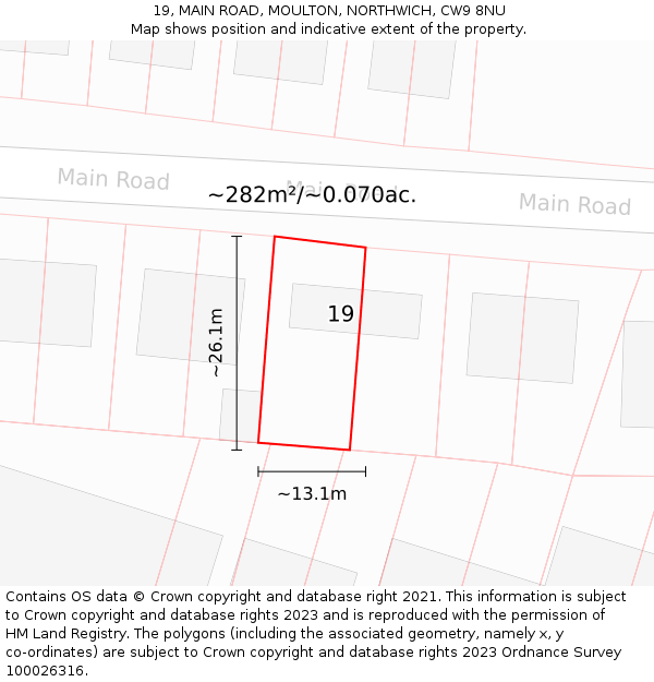 19, MAIN ROAD, MOULTON, NORTHWICH, CW9 8NU: Plot and title map