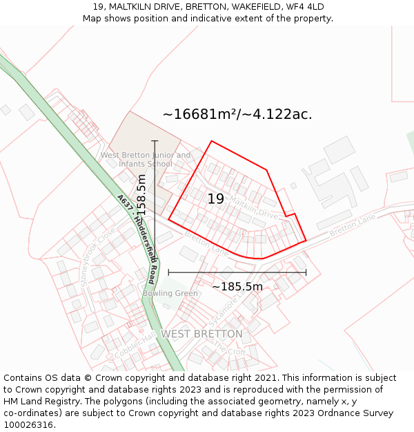 19, MALTKILN DRIVE, BRETTON, WAKEFIELD, WF4 4LD: Plot and title map