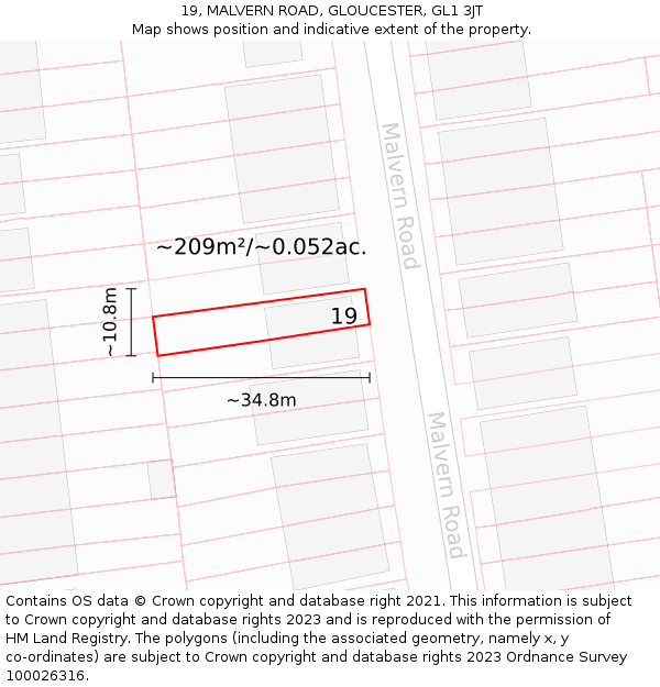 19, MALVERN ROAD, GLOUCESTER, GL1 3JT: Plot and title map