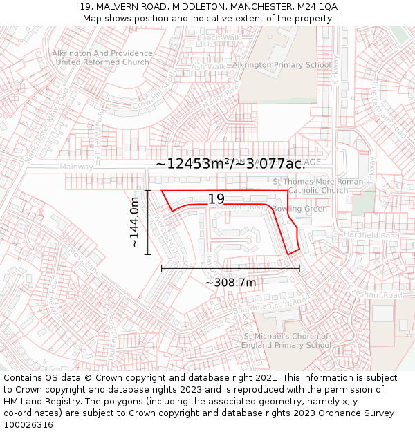 19, MALVERN ROAD, MIDDLETON, MANCHESTER, M24 1QA: Plot and title map