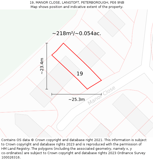 19, MANOR CLOSE, LANGTOFT, PETERBOROUGH, PE6 9NB: Plot and title map