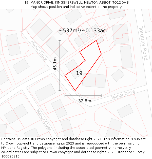 19, MANOR DRIVE, KINGSKERSWELL, NEWTON ABBOT, TQ12 5HB: Plot and title map