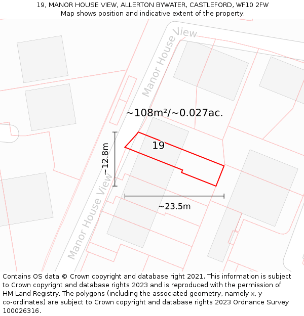 19, MANOR HOUSE VIEW, ALLERTON BYWATER, CASTLEFORD, WF10 2FW: Plot and title map