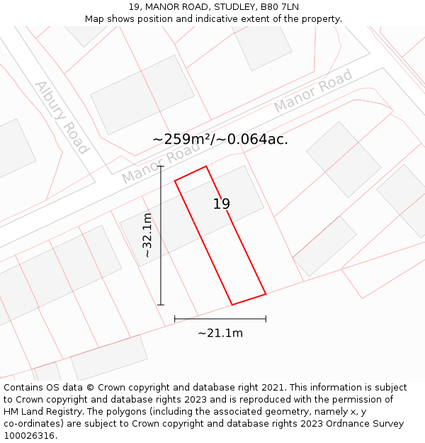 19, MANOR ROAD, STUDLEY, B80 7LN: Plot and title map