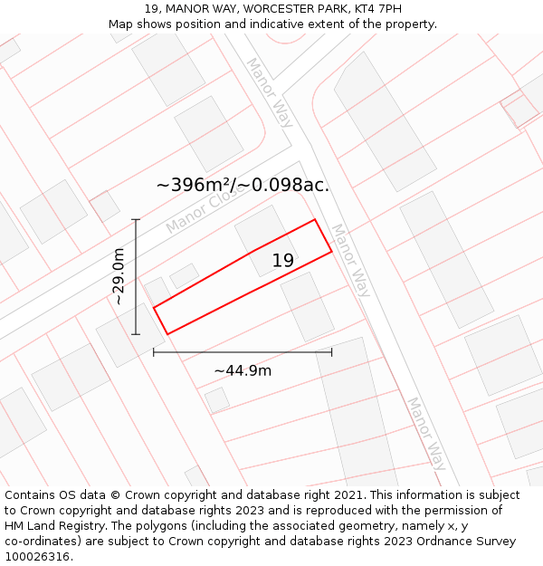 19, MANOR WAY, WORCESTER PARK, KT4 7PH: Plot and title map