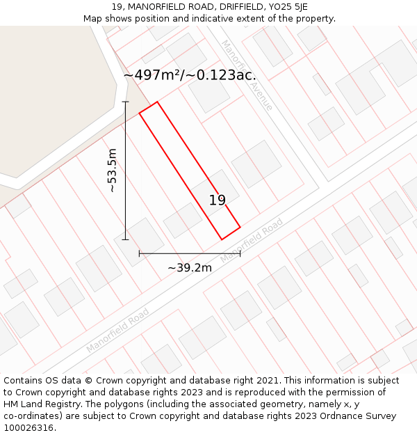 19, MANORFIELD ROAD, DRIFFIELD, YO25 5JE: Plot and title map