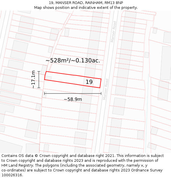 19, MANSER ROAD, RAINHAM, RM13 8NP: Plot and title map