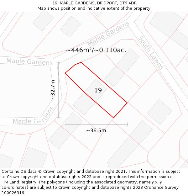 19, MAPLE GARDENS, BRIDPORT, DT6 4DR: Plot and title map