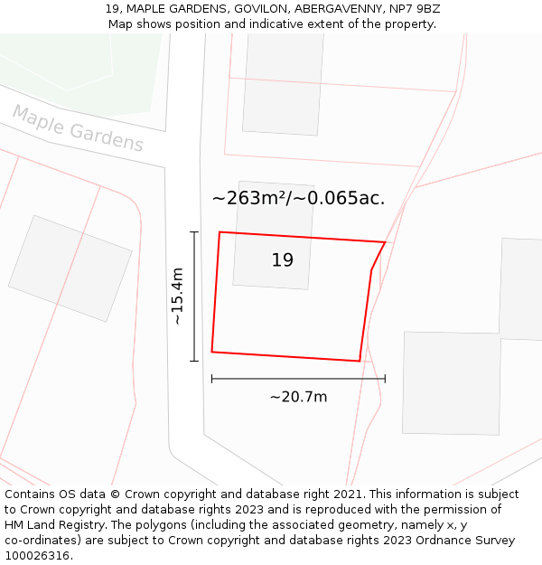 19, MAPLE GARDENS, GOVILON, ABERGAVENNY, NP7 9BZ: Plot and title map