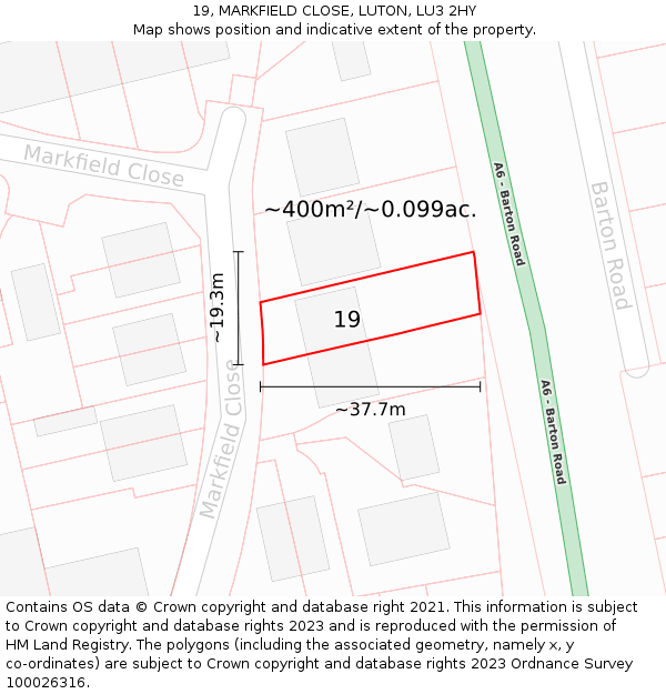 19, MARKFIELD CLOSE, LUTON, LU3 2HY: Plot and title map