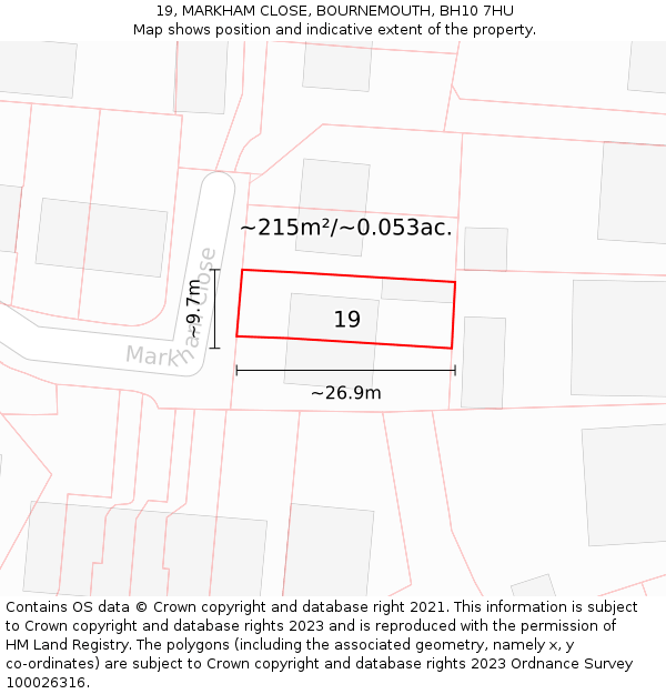 19, MARKHAM CLOSE, BOURNEMOUTH, BH10 7HU: Plot and title map
