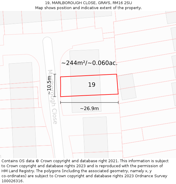 19, MARLBOROUGH CLOSE, GRAYS, RM16 2SU: Plot and title map