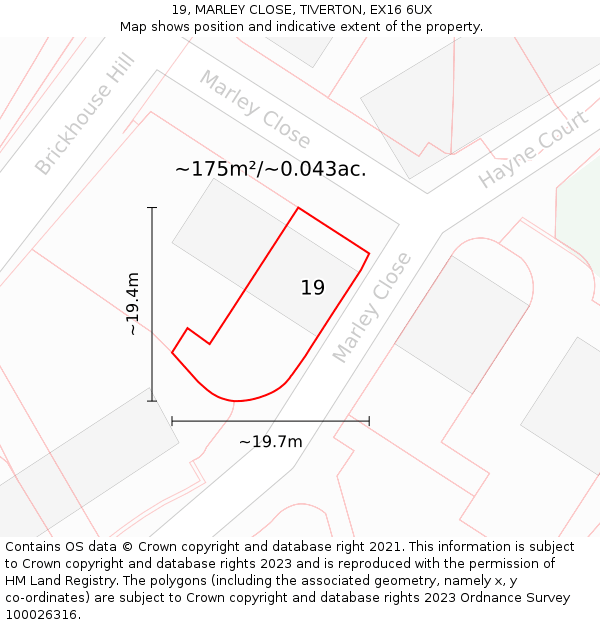 19, MARLEY CLOSE, TIVERTON, EX16 6UX: Plot and title map
