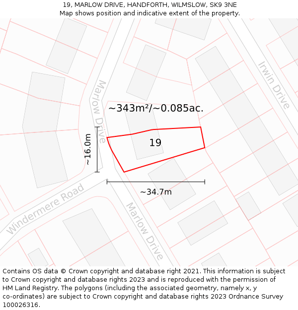 19, MARLOW DRIVE, HANDFORTH, WILMSLOW, SK9 3NE: Plot and title map