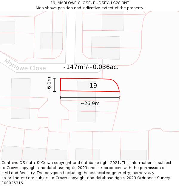 19, MARLOWE CLOSE, PUDSEY, LS28 9NT: Plot and title map
