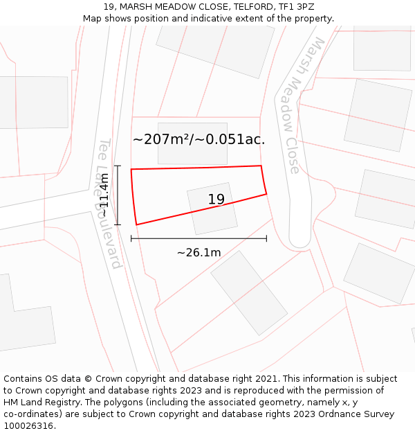19, MARSH MEADOW CLOSE, TELFORD, TF1 3PZ: Plot and title map