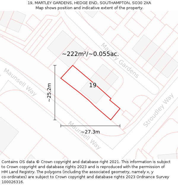 19, MARTLEY GARDENS, HEDGE END, SOUTHAMPTON, SO30 2XA: Plot and title map
