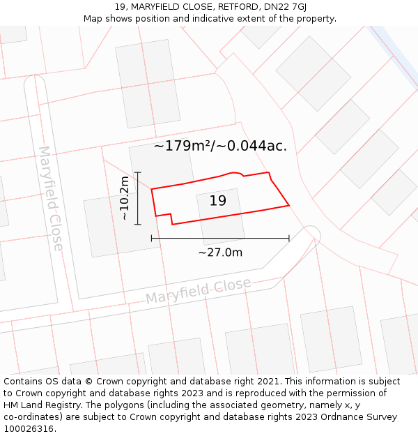 19, MARYFIELD CLOSE, RETFORD, DN22 7GJ: Plot and title map