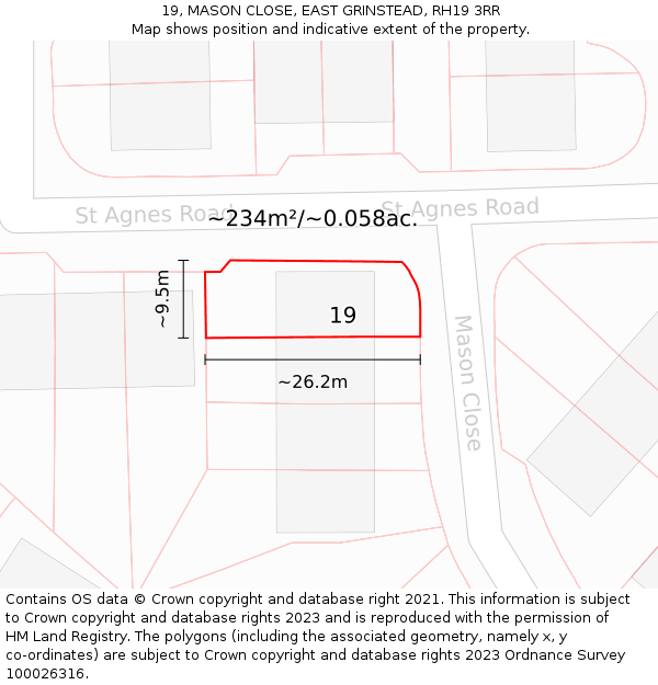 19, MASON CLOSE, EAST GRINSTEAD, RH19 3RR: Plot and title map