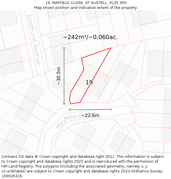 19, MAYFIELD CLOSE, ST AUSTELL, PL25 3PD: Plot and title map