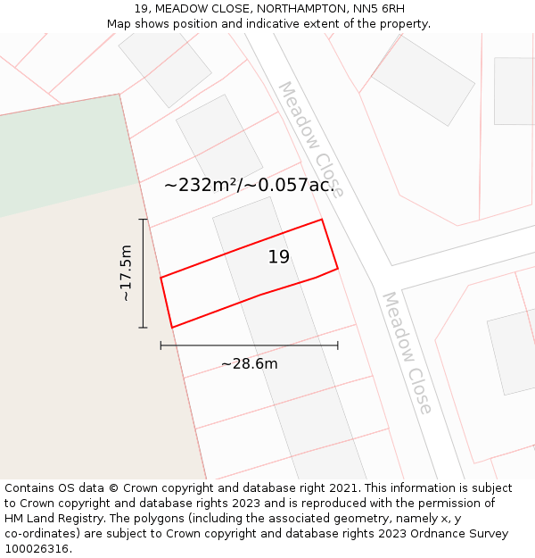 19, MEADOW CLOSE, NORTHAMPTON, NN5 6RH: Plot and title map