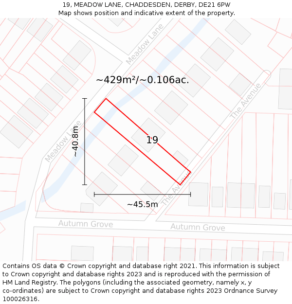 19, MEADOW LANE, CHADDESDEN, DERBY, DE21 6PW: Plot and title map