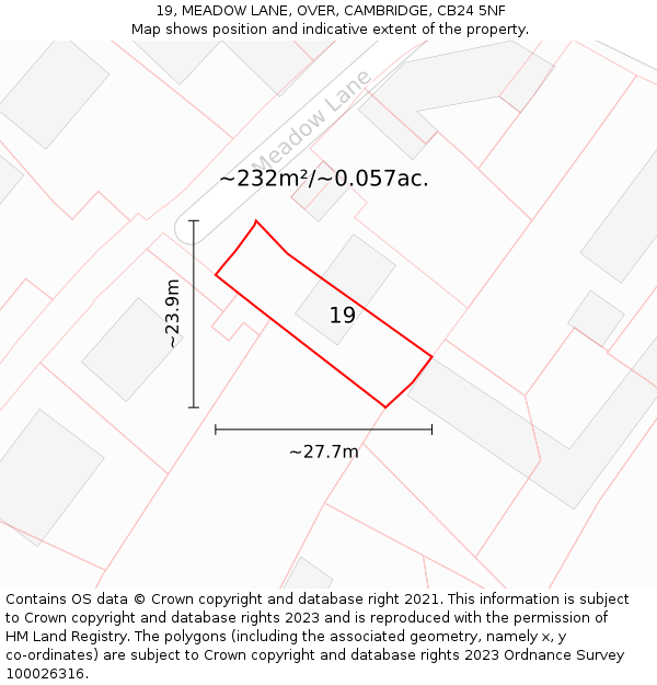 19, MEADOW LANE, OVER, CAMBRIDGE, CB24 5NF: Plot and title map