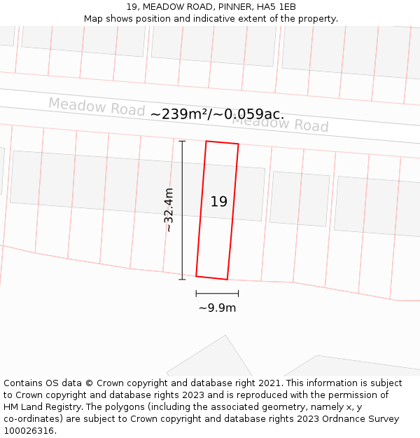 19, MEADOW ROAD, PINNER, HA5 1EB: Plot and title map