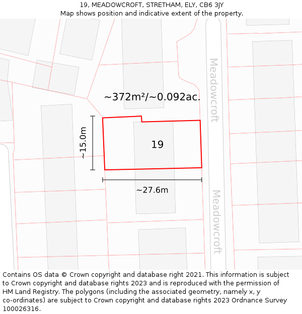 19, MEADOWCROFT, STRETHAM, ELY, CB6 3JY: Plot and title map