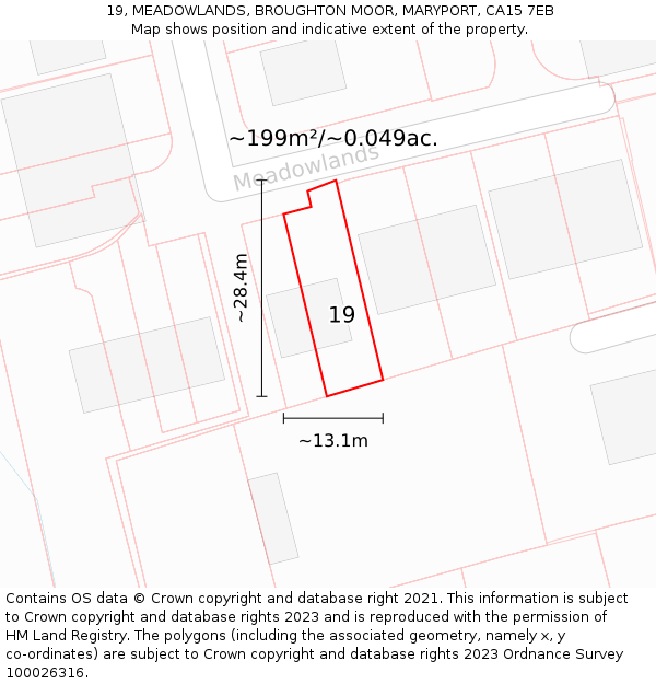19, MEADOWLANDS, BROUGHTON MOOR, MARYPORT, CA15 7EB: Plot and title map