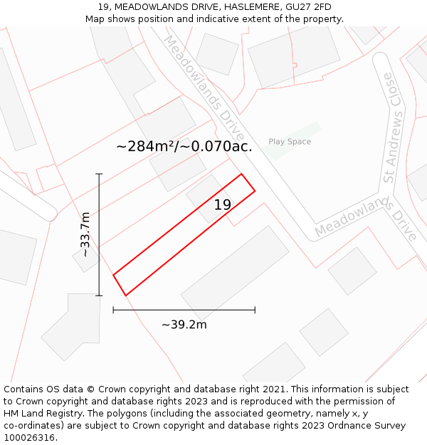 19, MEADOWLANDS DRIVE, HASLEMERE, GU27 2FD: Plot and title map