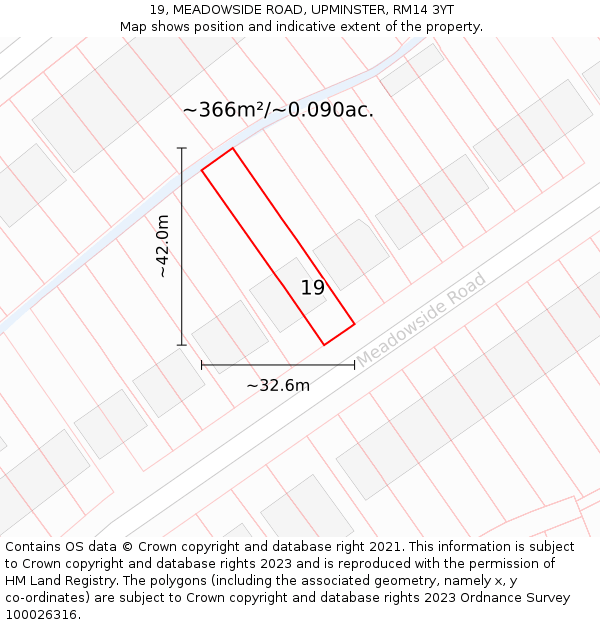 19, MEADOWSIDE ROAD, UPMINSTER, RM14 3YT: Plot and title map