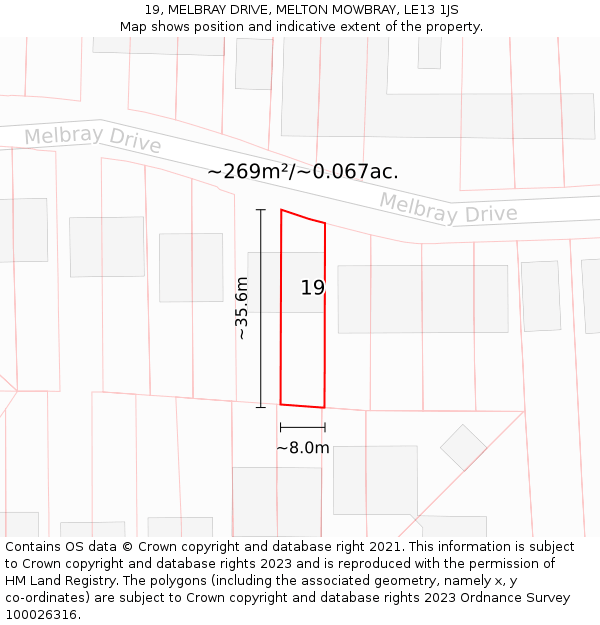 19, MELBRAY DRIVE, MELTON MOWBRAY, LE13 1JS: Plot and title map