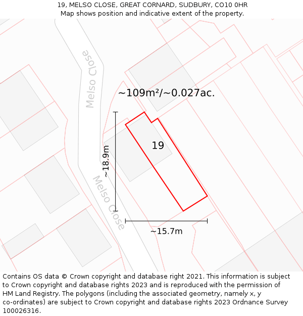 19, MELSO CLOSE, GREAT CORNARD, SUDBURY, CO10 0HR: Plot and title map