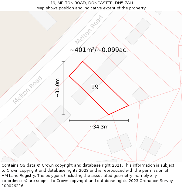 19, MELTON ROAD, DONCASTER, DN5 7AH: Plot and title map