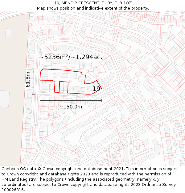 19, MENDIP CRESCENT, BURY, BL8 1QZ: Plot and title map
