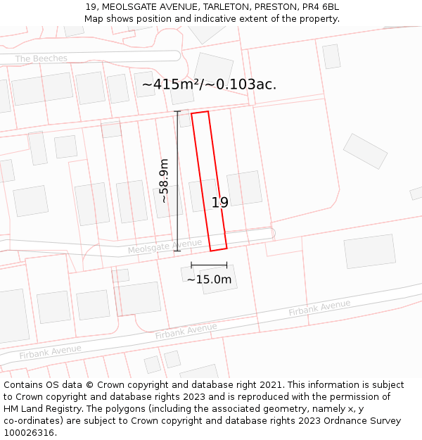 19, MEOLSGATE AVENUE, TARLETON, PRESTON, PR4 6BL: Plot and title map