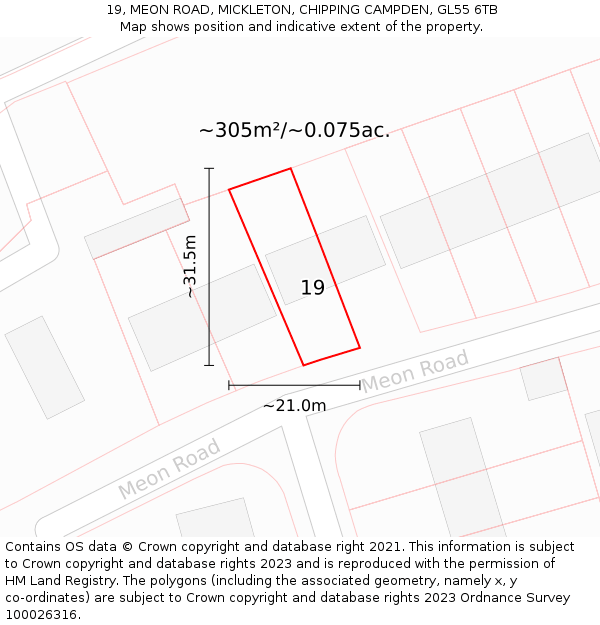19, MEON ROAD, MICKLETON, CHIPPING CAMPDEN, GL55 6TB: Plot and title map