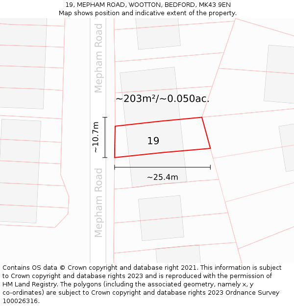 19, MEPHAM ROAD, WOOTTON, BEDFORD, MK43 9EN: Plot and title map