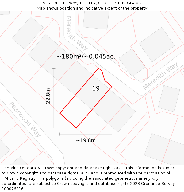 19, MEREDITH WAY, TUFFLEY, GLOUCESTER, GL4 0UD: Plot and title map