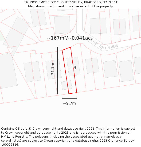 19, MICKLEMOSS DRIVE, QUEENSBURY, BRADFORD, BD13 1NF: Plot and title map