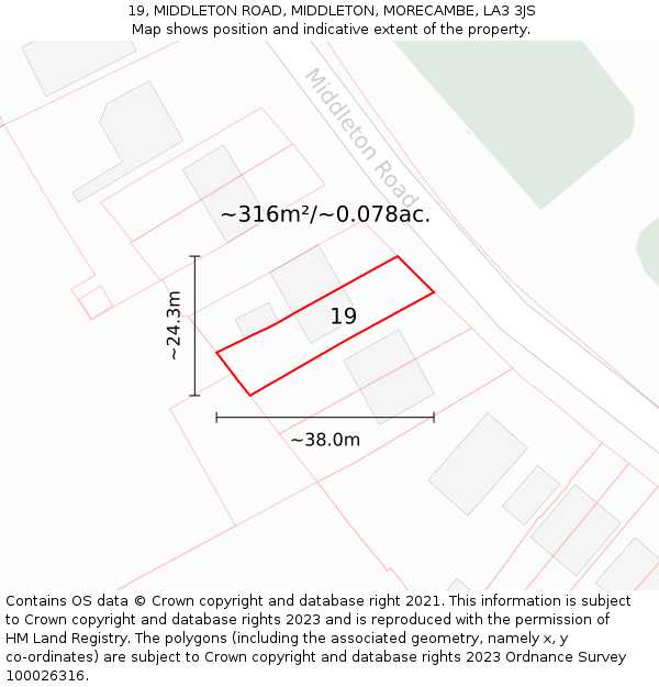 19, MIDDLETON ROAD, MIDDLETON, MORECAMBE, LA3 3JS: Plot and title map
