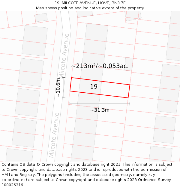 19, MILCOTE AVENUE, HOVE, BN3 7EJ: Plot and title map