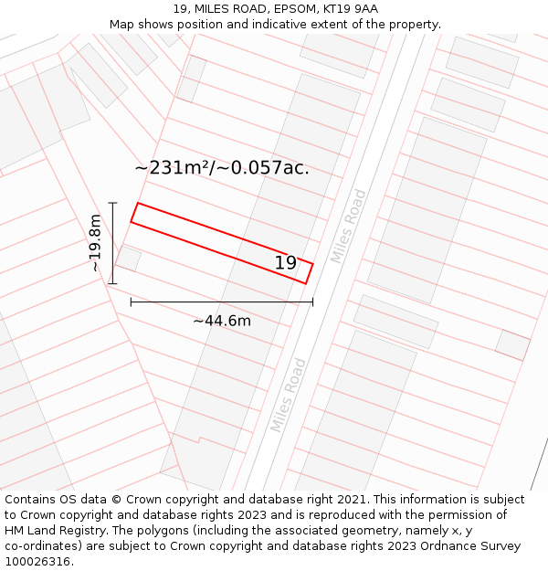 19, MILES ROAD, EPSOM, KT19 9AA: Plot and title map